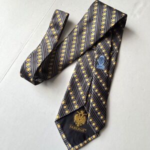 Faberge Mens Silk Necktie Black Gold Geometric Imperial Crest‎ Handmade Luxury